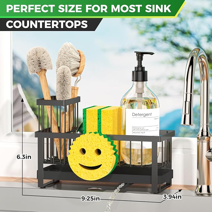 Sponge Holder for Kitchen Sink,Sink Caddy with Removable Dish Brush Holder,Self-Draining Kitchen Countertop Organizers and Storage Essentials,Soap Dispenser Organize and Home Decor-Black