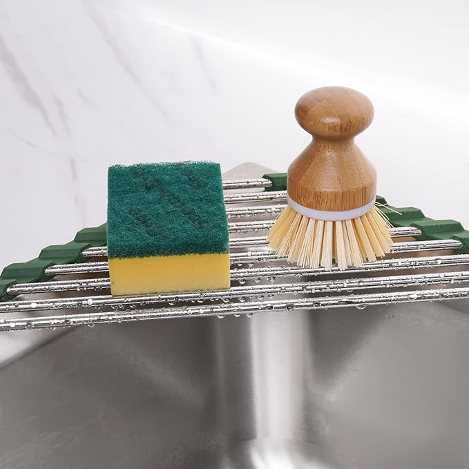 Tomorotec Triangle Roll-Up Dish Drying Rack for Sink Corner Small Foldable Stainless Steel Over The Sink Multipurpose Kitchen Drainer Caddy Organizer Storage Shelf Holder (Olive Green)