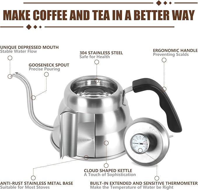 Pour Over Kettle for Manual Drip Coffee and Tea with Thermometer 28oz Gooseneck Kettle with Flow Control Stainless Steel Water Kettle for Stovetop,800ml,4 Cup,Silver,1Pack