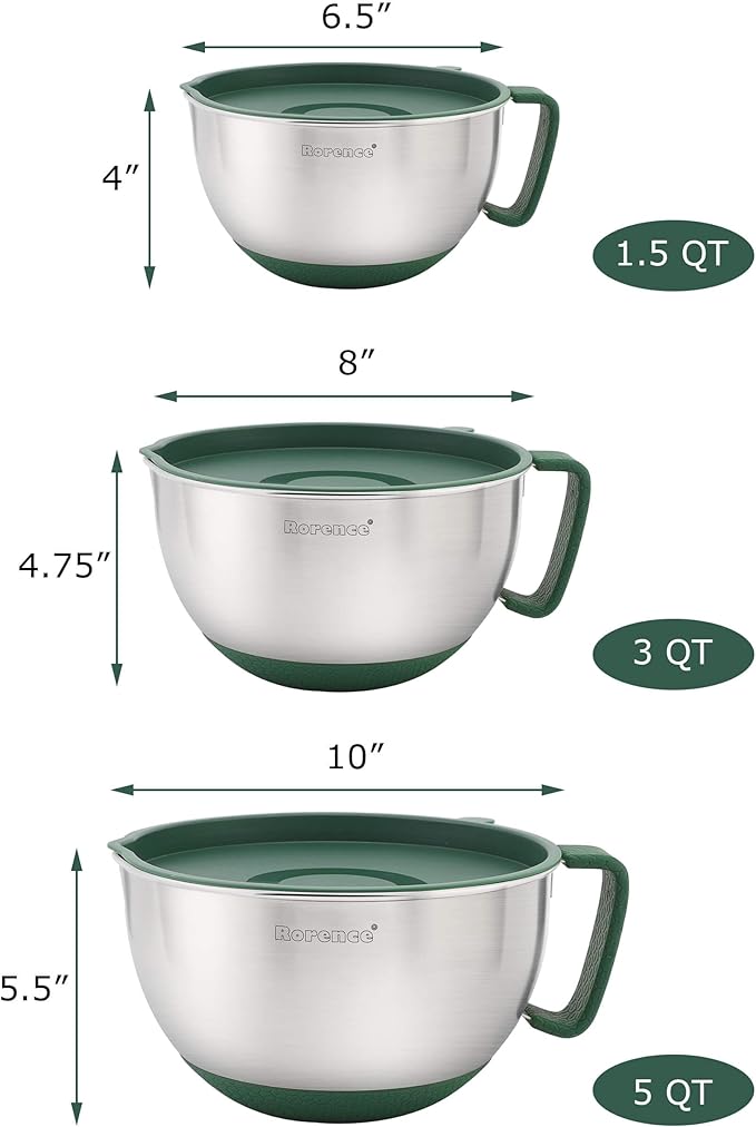 Rorence Mixing Bowls Set: Stainless Steel Non-Slip Bowls with Pour Spout, Handle and Lid - Set of 3 - Green