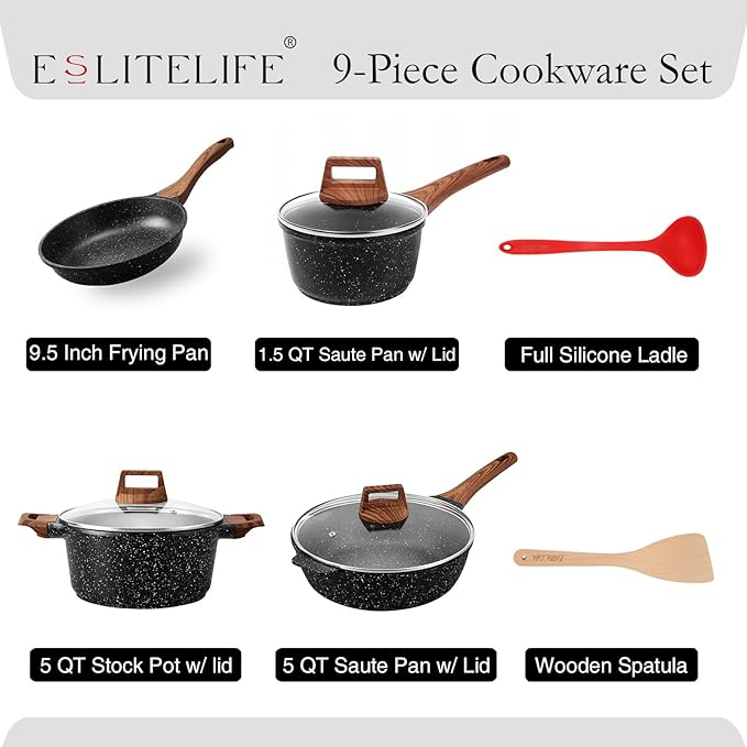 ESLITE LIFE Nonstick Cookware Sets, 9 Pcs Granite Coating Pots and Pans Set Kitchen Cooking Set, Compatible with All Stovetops (Gas, Electric & Induction), PFOA Free, Black