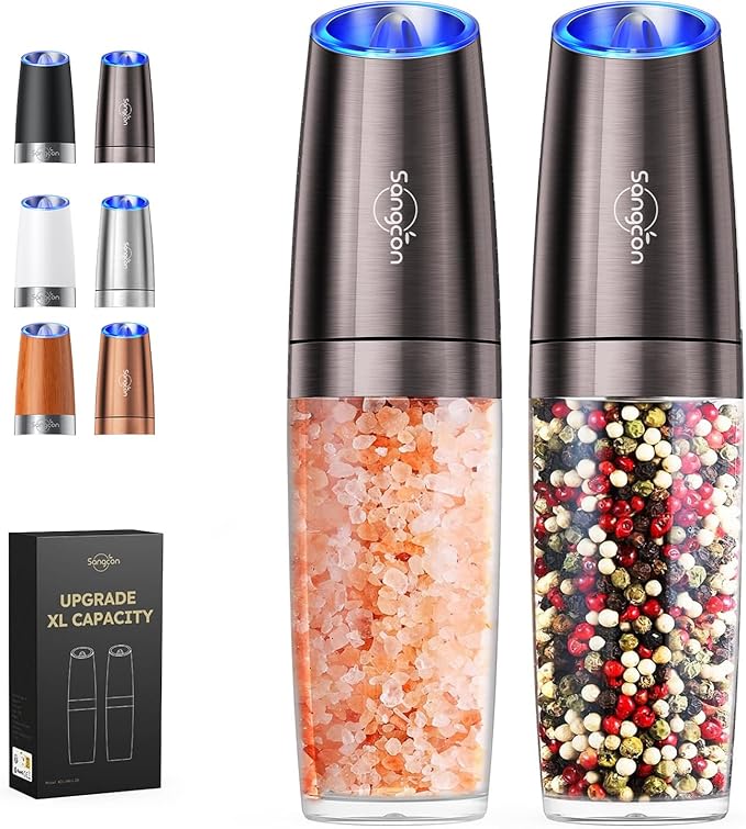 Sangcon Gravity Electric Salt and Pepper Grinder Set Shakers UPGRADED 9OZ XL CAPACITY Battery Powered Refillable Automatic One Hand Operation Adjustable Coarseness Mill Grinder Set for Kitchen