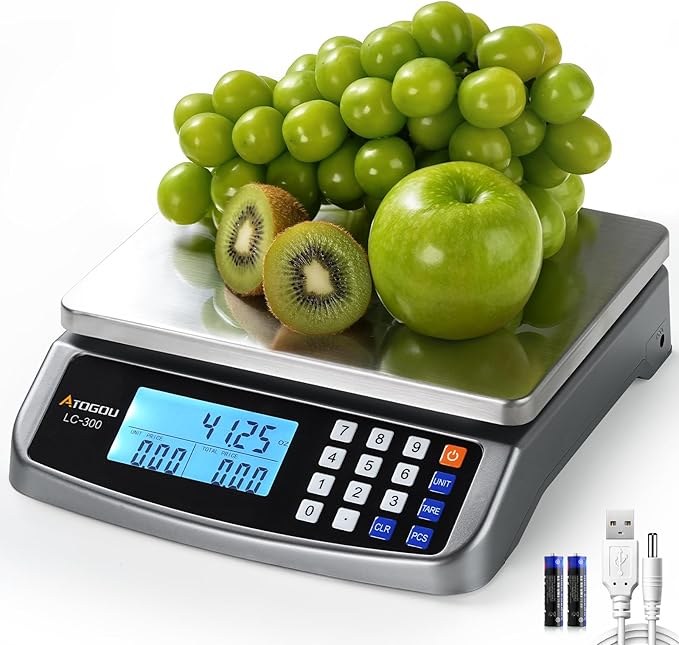 Atogou 66lb Food Scale, Commercial Kitchen Scale with Price Computing, Plug-in Usable, 0.05oz/1g, 304 Stainless Steel, for Cooking, Vegetables, Farm, Industry, Counting. LC300 Grey