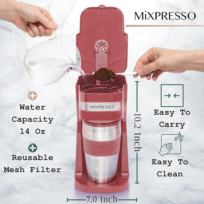 Mixpresso Red Personal Single Serve Coffee Maker with 14oz Travel Mug, Drip Small Coffee Maker with Auto Shut Off, Reusable Filter, Works with Ground Coffee Only – Not for K-Cup Pods