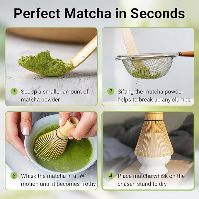 SHONMISEN Bamboo Matcha Whisk Set -Matcha Whisk (Chasen),Whisk Holder(White),Sifter,Tea Scoop and Tea Spoon