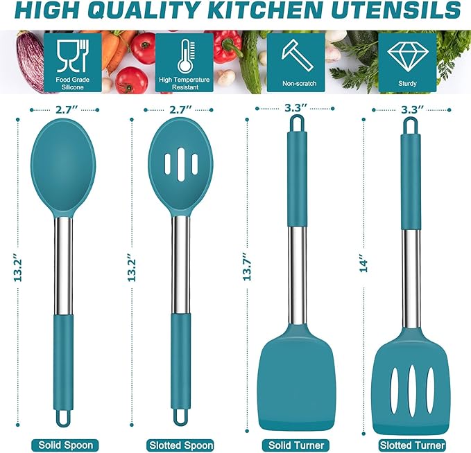 TeamFar Cooking Utensils Set, 4PCS Heatproof Silicone Utensil Kitchen Tools with Stainless Steel Handle, for Non-stick Cookware Flipping Frying Draining, Nontoxic & Non scratch, Easy Clean - Navy Blue