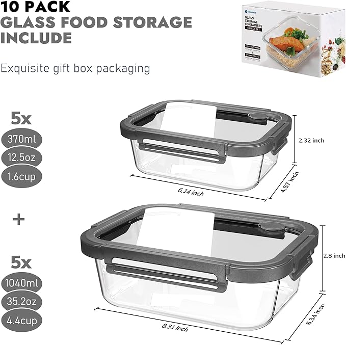 10-Pack Glass Food Storage Containers with Tempered Lids – Borosilicate, Airtight, Oven-Safe (-4°F~950°F), BPA-Free, 4.4 & 1.6 Cup, Leak-Proof, Dishwasher Safe (Gray)
