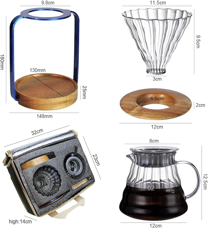 SOTECH Pour Over Coffee Dripper Stand with Metal Stand Wooden Filter Holder Glass Server with Paper Coffee Filters, Coffee Maker Stand Set for Coffee Tea and Saffron