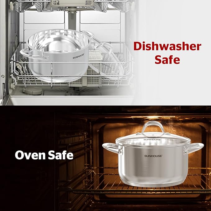 SUNHOUSE Stainless Steel Stock Pot - 11 Quart Heavy-Duty Induction Cooking Pot with Visible Lid for Pasta, Soup, Spaghetti - Nonstick Thick-Bottom Deep Stockpot for Canning, Boiling, and Simmering