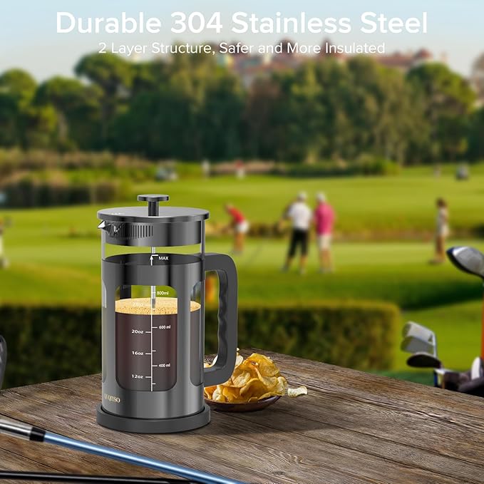 QUQIYSO French Press Coffee Maker 34oz 304 Stainless Steel French Press with 4 Filter, Heat Resistant Durable, Easy to Clean, Borosilicate Glass Coffee Press, 100% BPA Free Glass Teapot, Dark Pewter