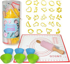 Cookie Baking Cutter Set For Kids - 6 silicon cupcake forms, 24 Assorted Cookie Cutters, Rolling Pin, Silicone Baking Pan, Non-Stick Baking Mat, Fun Activity Gift for Boys and Girls, Age 4+