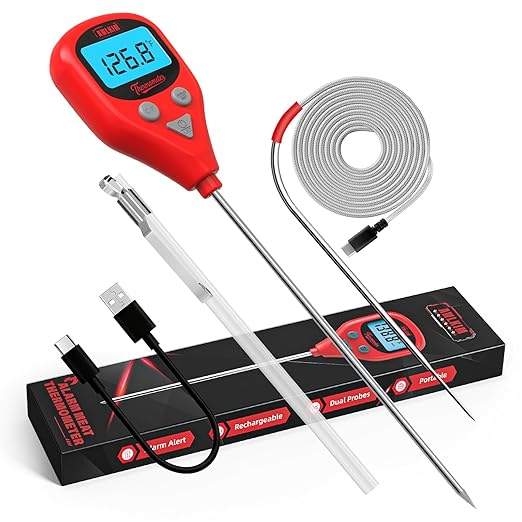 AWLKIM Rechargeable Digital Meat Thermometer with 3.3ft External Probe, Warning Alert, Instant Read Food Thermometer for Cooking Baking Water BBQ Oil Fry, Waterproof IP67, Hold Function, Oven Safe
