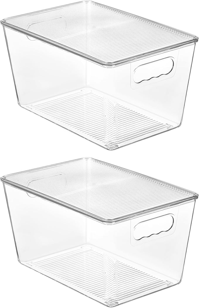 Vtopmart 2 Pack Clear Stackable Storage Bins with Lids, Large Plastic Containers with Handle for Pantry Organizer and Storage,Perfect for Bathroom,Cabinet,Kitchen,Fridge,Closet Organization