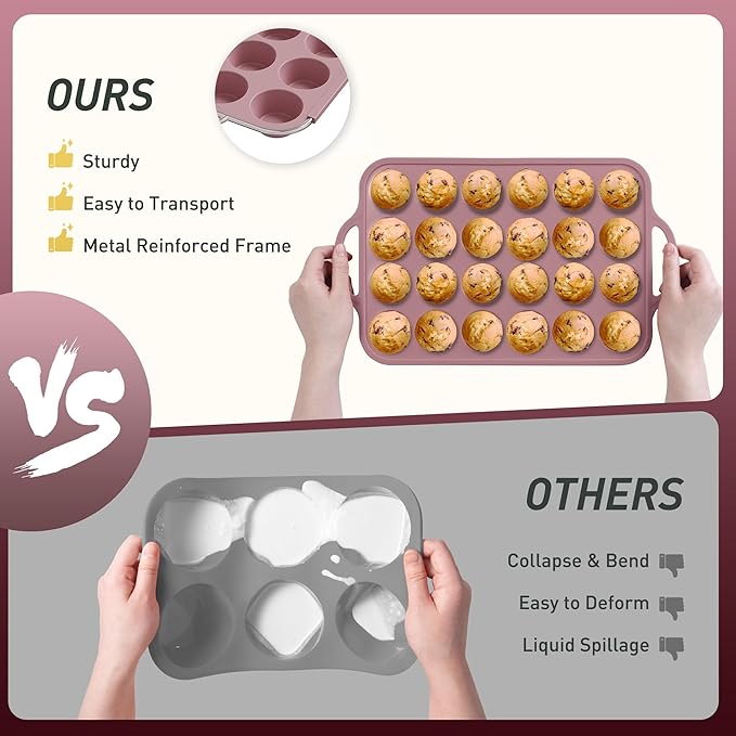 2 Packs 24 Cups Silicone Muffin Pan with Metal Reinforced Frame Mini Size Cupcake Pan Tray Egg Bites Silicone Circle Cookie Molds Muffin Tin Tart Pans Baking Sheet Set for Breakfast Sandwiches