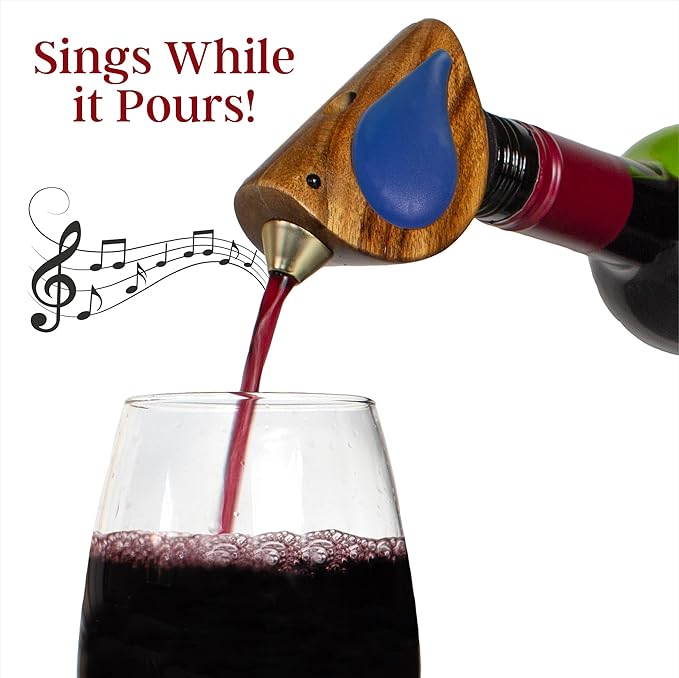 Songbird Specialties Wine Bottle Pourer, Fun Wine Pourer Spout Sings While It Pours, Airtight Wine Bottle Sealer, Acacia Wood with Blue Wings