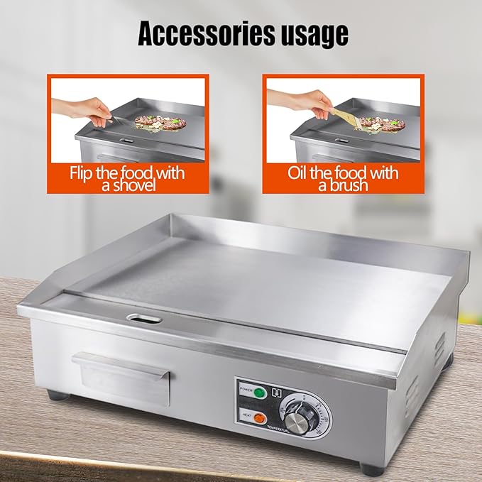 22" Commercial Electric Griddle,Electric Countertop Flat Top Griddle,110V 1600W Electric Flat Top Grill,Non-Stick Restaurant Teppanyaki Stainless Steel Grill,Adjustable Temperature Control