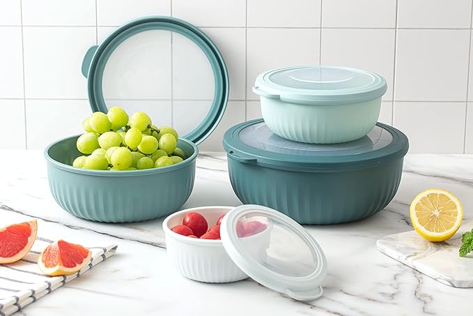 COOK WITH COLOR Prep Bowls with Lids- Wide and Deep Nesting Plastic Small Mixing Bowl Set with Lids, 8 Piece Set - Wide Bowls, Teal