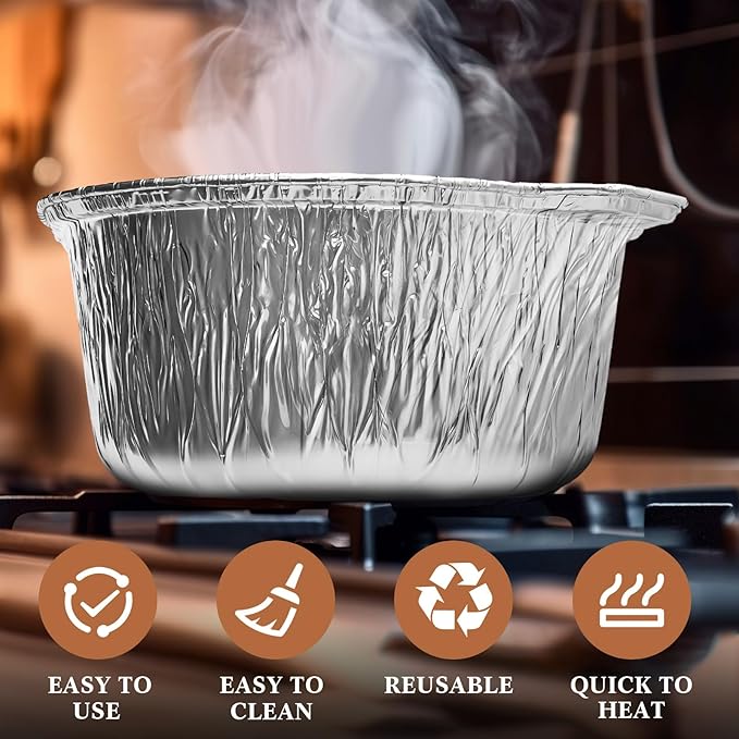 Ziliny Disposable Aluminum Pot with Lid Round Foil Pans Disposable Cookware Food Container for Vacation Trips Camping Baking Heating Cooking(12 Pcs,33.8, 67.6, 121.7 oz)