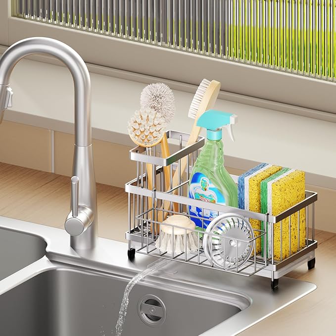SWTYMIKI Sink Caddy Sponge Holder - Large Sponge Holder for Kitchen Sink with 360°Auto-Drain Tray, Rustproof Stainless Steel Kitchen Organizer Caddy for Countertop Organization