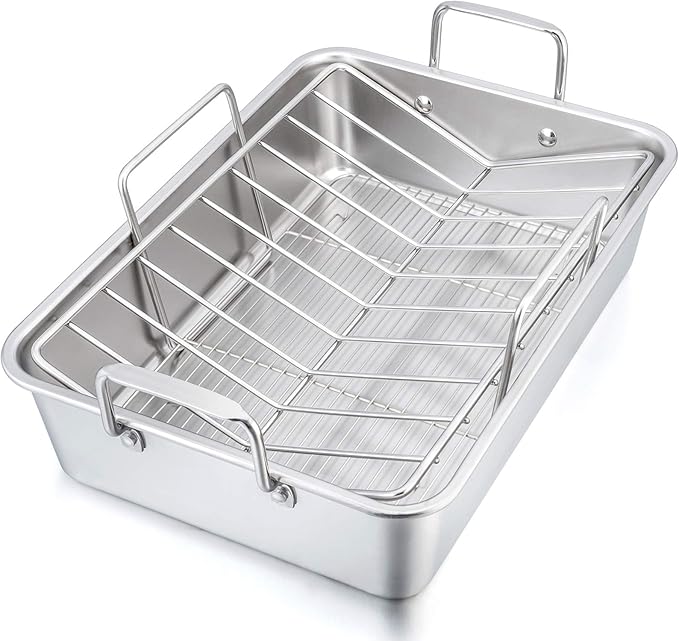 P&P CHEF 16" Roaster Roasting Pan with Baking Rack and V-shaped Rack, Stainless Steel Rectangular Lasagna Pan with Handles for Turkey Chicken, Healthy & Dishwasher Safe, 3 Pieces, Silver