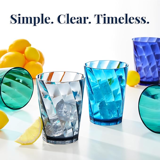 US Acrylic Optix Plastic Reusable Drinking Glasses (Set of 8) 14oz Rocks Cups in Coastal Colors | BPA-Free Tumblers, Made in USA | Top-Rack Dishwasher Safe
