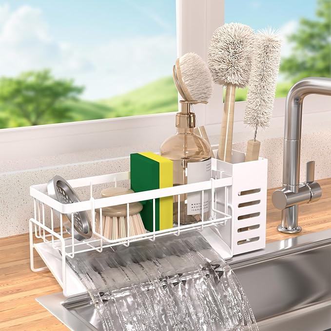 Kitchen Sink Caddy Organizer,Stainless Steel Sponge Holder with Dish Brush Holder,Soap Caddy for Countertop,Kitchen Sink Organizer Countertop Sink Accessories,Cleaning Caddy