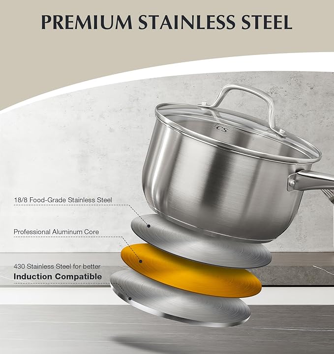 KOCH SYSTEME CS Stainless Steel Cookware Set 10 Piece, 18/10 Stainless Steel Pots and Pans Set for Professional Cooking, Kitchen Cookware Sets, Induction Compatible, Pots and Pans Set, Cooking Set