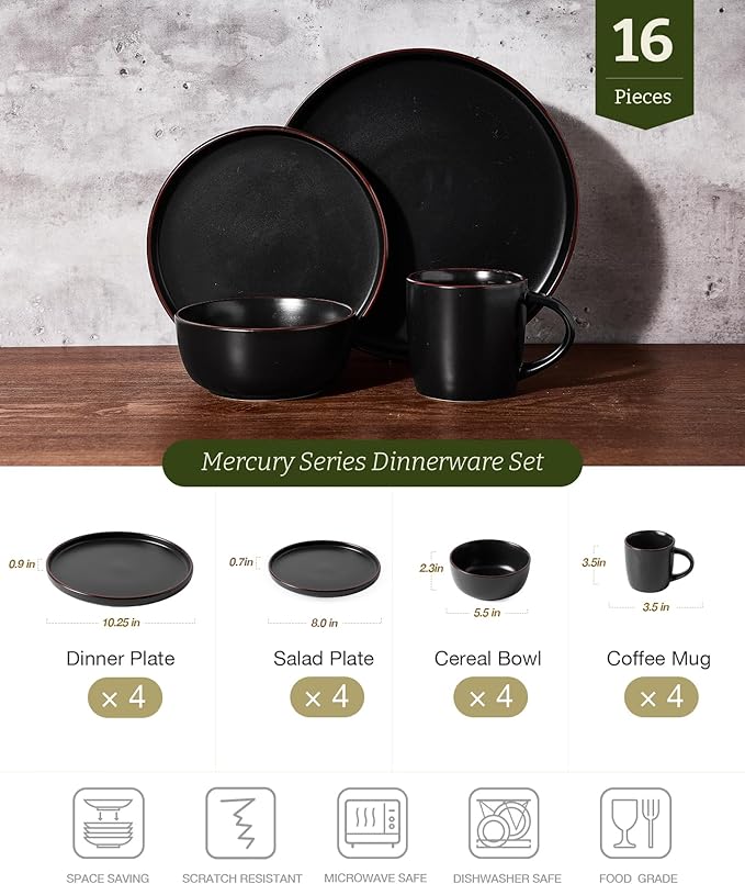 Famiware Mercury Dinnerware Sets with Mugs, Service for 4 (16 Pieces), Plates and Bowls Sets, Microwave and Dishwasher Safe Dishes Set, Matte Black