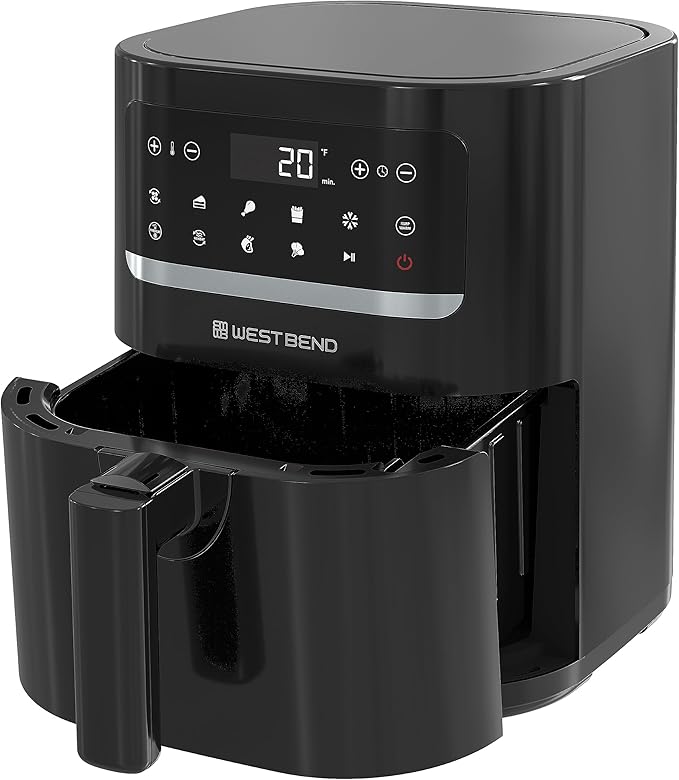 West Bend Compact Air Fryer 5-Quart Capacity with Digital Controls LCD Display and 10 Cooking Presets with Shake Reminder, Nonstick Frying Basket, 1500-Watts, Black