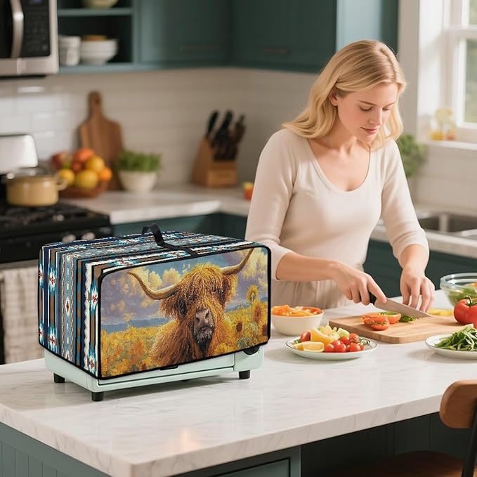 Highland Cattle Sunflower Print Toaster Cover Air Fryer Dust Cover Anti Fingerprint Aztec Toaster Oven Cover Washable Kitchen Small Appliance Covers (Large-18.5 * 22.5 * 12.99 inches)