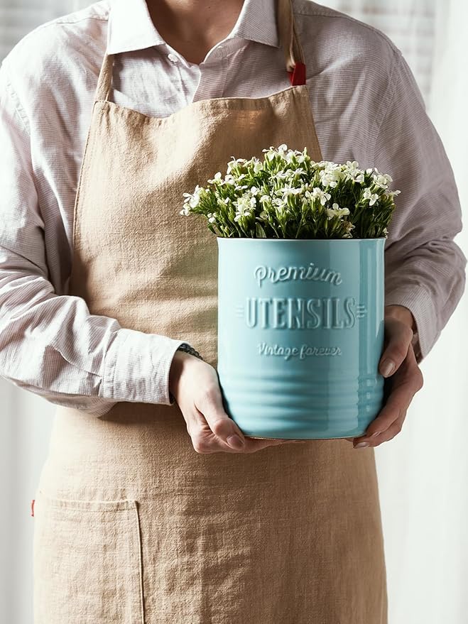DOWAN 7.2″ Extra Large Kitchen Utensil Holder - Farmhouse Utensil Holder for Countertop - Ceramic Utensil Crock with Protection Cork Mat - Kitchen Decor & Housewarming Gift (Turquoise)