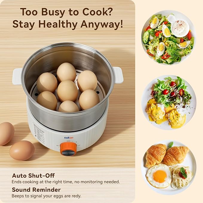 TAKOO 3-in-1 Electric Egg Cooker for Hard Boiled Eggs Poacher, Omelet Maker & Vegetable Steamer, Holds 14