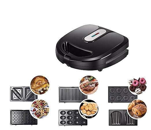6 in 1 Waffle Maker, Sandwich Maker with Removable Plates, Donut Maker Dual-Sided Heating Non-Stick Plates, Walnut Cookie Maker, Multi Breakfast Maker for Grilled Cheese, Toast, Bread