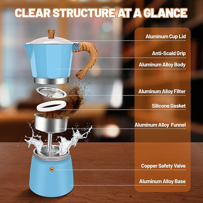 3 Cup Aluminum Espresso Stovetop Moka Pot Express Coffee Maker Percolator Italian Classic Mocha Coffee Machine for Italian and Cuban Cafe Brewing for Home & Camping 150ml 5oz