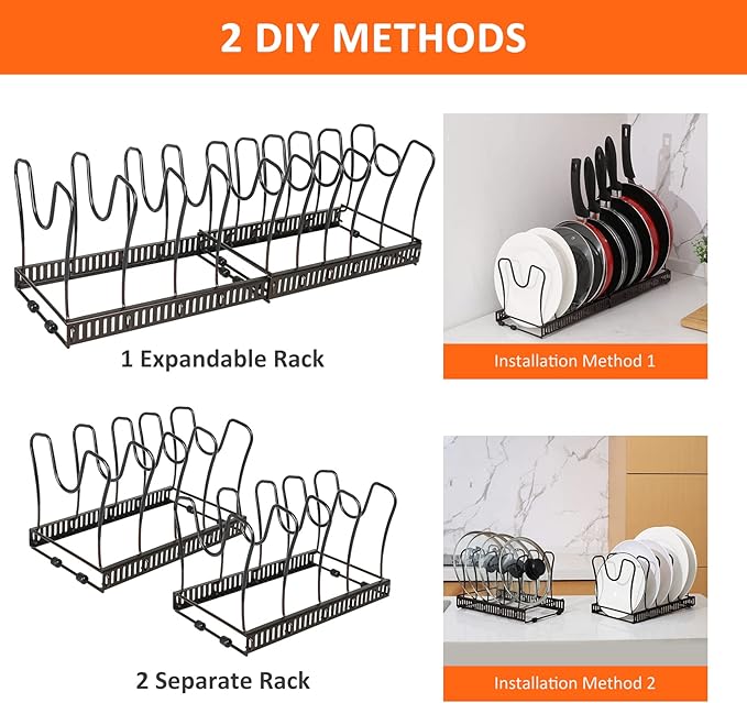 Pot Rack Organizer -Expandable Pot and Pan Organizer for Cabinet,Pot Lid Organizer Holder with 10 Adjustable Compartment for Kitchen Cabinet Cookware Baking Frying Rack,Bronze