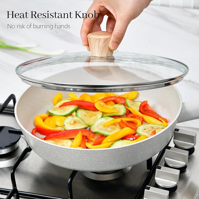 12 IN Glass Lid for Frying Pan and Pots, Tempered Replacement Cover with Wooden Handle Compatible for All Cookware for Skillets, Round Cast Iron, Cast Aluminium, Stainless Steel Pans & Pots