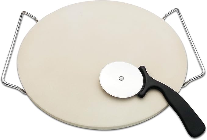 13 Inch Round Pizza Stones for Grill and Oven, Cordierite Baking Stones Set with Serving Rack & Cutter, Durable and Safe Cooking Stone Pan for Bread