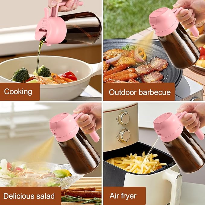 YARRAMATE 16oz/470ml Dark Brown Oil Sprayer for Cooking with Stickers, Food-grade Premium 2 in 1 Olive Oil Dispenser Bottle for Kitchen Gadgets, Air Fryer, Salad, Frying, BBQ (Pink)