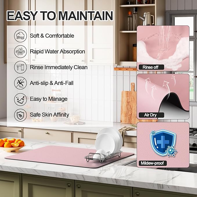 Ecotrim - Dish Drying Mat for Kitchen Counter | Coffee Bar Mat for Countertops | Heat Resistant Drainer Mat with Non-slip Rubber Backed | Hide Stain Kitchen Absorbent Draining Mat | Pink 18"x32"