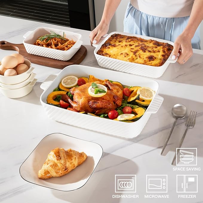 Sweejar Ceramic Baking Dish Set, Cake Baking Dish for Brownie, Porcelain Striped Casserole Dishes for Oven with Handle for Lasagna, Family Dinner(White)