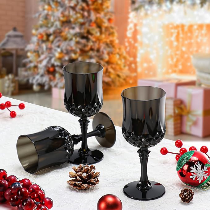 XUWAIDSGN 7oz Plastic Vintage Wine Glasses Drinking Glasses Unbreakable Wedding Glassware Crystal Water Goblets Reusable Drinkware Vintage Champagne Flutes (48, Black)