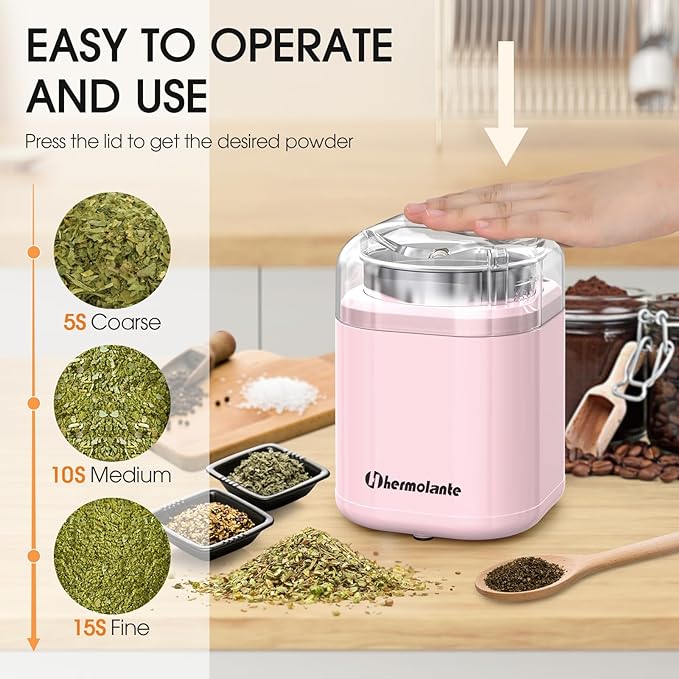 Hermolante Herb and Spice Grinder, 200W Electric With Stainless Steel Blade, Cleaning Brush - Compact Size 5.11in (Pink)