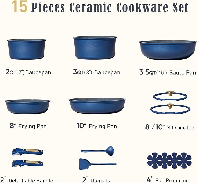 CAROTE Blue&Gold Ceramic Cookware Set Non Toxic, PFAS Free,15Pcs Pots and Pans Set Non Stick Detachable/Removable Handle,Kitchen Cooking Set Dishwasher Safe, Nonstick Pot and Pan, Induction Cookware