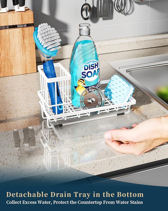 Consumest Sponge Holder for Kitchen Sink - Sink Caddy Organizer with Removable Drip Tray for Countertop Dish Soap Dispenser Brush Storage Kitchen Accessories 304 Stainless Steel, White