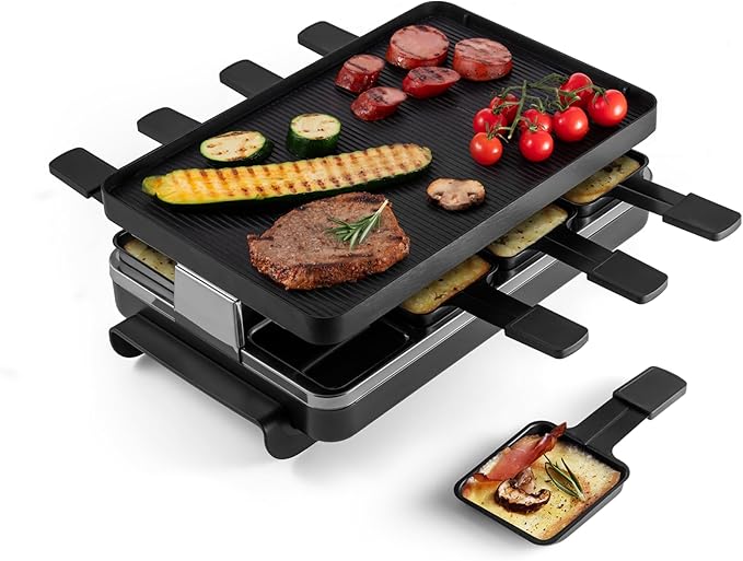 Swissmar Classic 8-Person Raclette Party Grill with Reversible Cast Aluminum Non-Stick Grill Plate/Crepe Top, Indoor Electric Raclette Grill & Griller - Black Grill Plate - Black