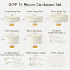 GiPP Ceramic Pots and Pans Set Non Stick, Nonstick Detachable Handle Cookware Sets, Healthy Non Toxic PFAS PFOA & PTFE Free, Dishwasher ＆Oven Safe, Induction Kitchen Pot and Pan, 15 Piece Cream