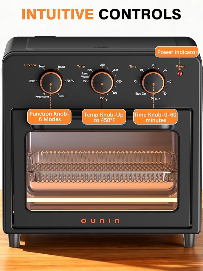 OUNIN Air Fryer & Toaster Oven with Steam Infusion, 12L Compact, Countertop Friendly, Fast Preheat with Bake, Convection Bake, Grill, Broil and Warm Options, 60-Minute Timer, Stainless Steel