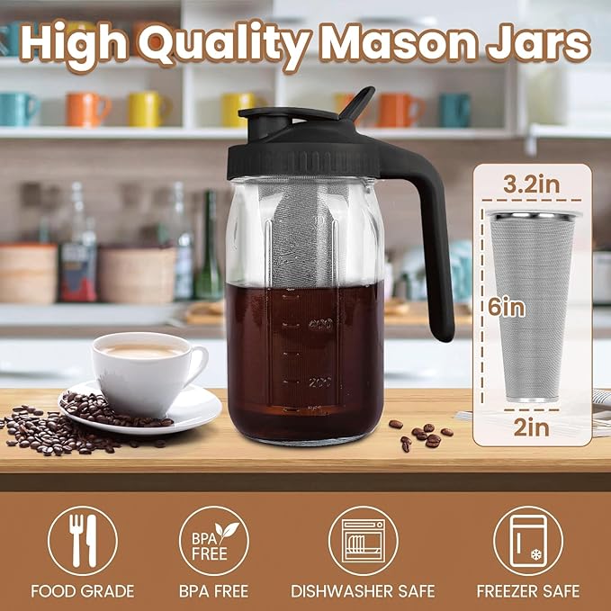 Cold Brew Coffee Maker,32 Oz Mason Jar Pitcher with Stainless Steel Filter, Pour Spout Handle Lid, Heavy Duty Glass Airtight & Leak-Proof for Iced Coffee Tea Breastmilk Lemonade-Black