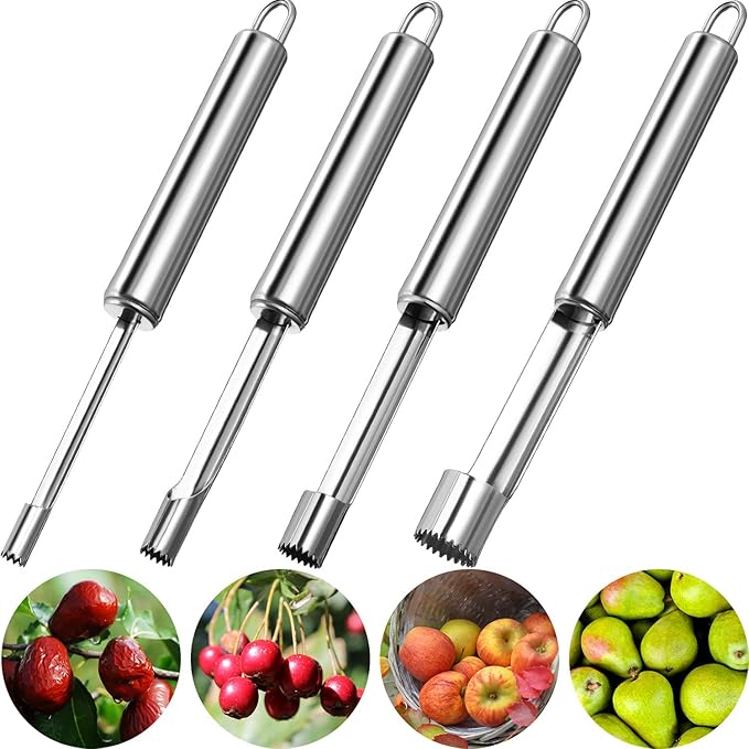4 Pieces Multi Function Fruit Corer and Pitter Remover Set Stainless Steel Pear Corer Pitter 4 Sizes for Home Kitchen, Pear, Cherry, Jujube and Red Date