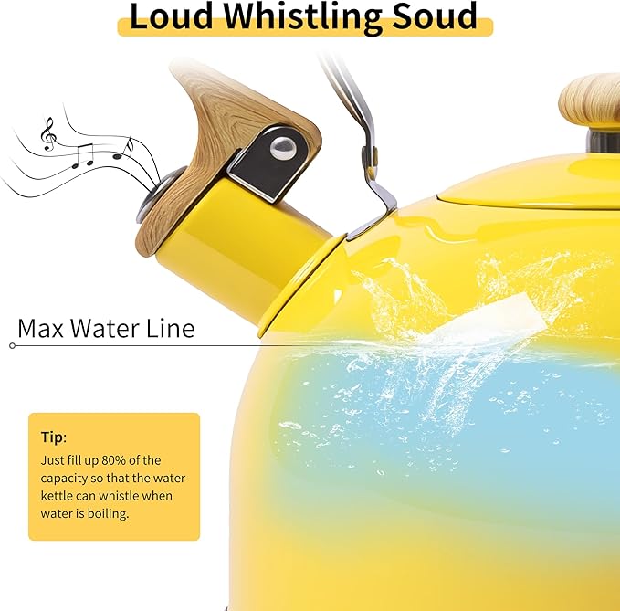 LONFFERY Tea Kettle, 2.5 Quart Whistling Tea Kettle, Tea Pots for Stove Top Food Grade Stainless Steel with Wood Pattern Folding Handle - Yellow